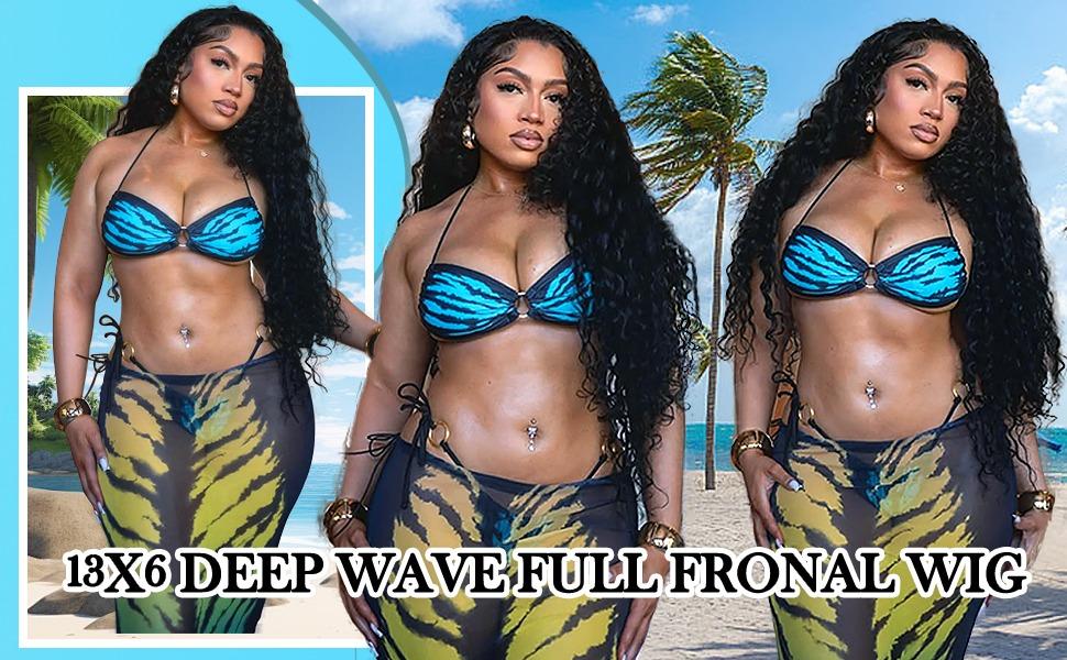 Lemoda Full 13x6 SKINLIKE Real HD Lace Frontal Wigs 13x6 Full Lace Frontal Wigs Deep Wave Virgin Human Hair 250% Invisible 0.1mm Ultra-thin Frayed Ends Wet and Wavy Lace Frontal Wig