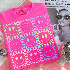 Comfort Colors Neon Summer Smiley Face Checkerboard T-Shirt, Sunshine Shirt, Beach Life Tee, Summer Neon Trendy Tee, Summer Distressed Beach TShirt