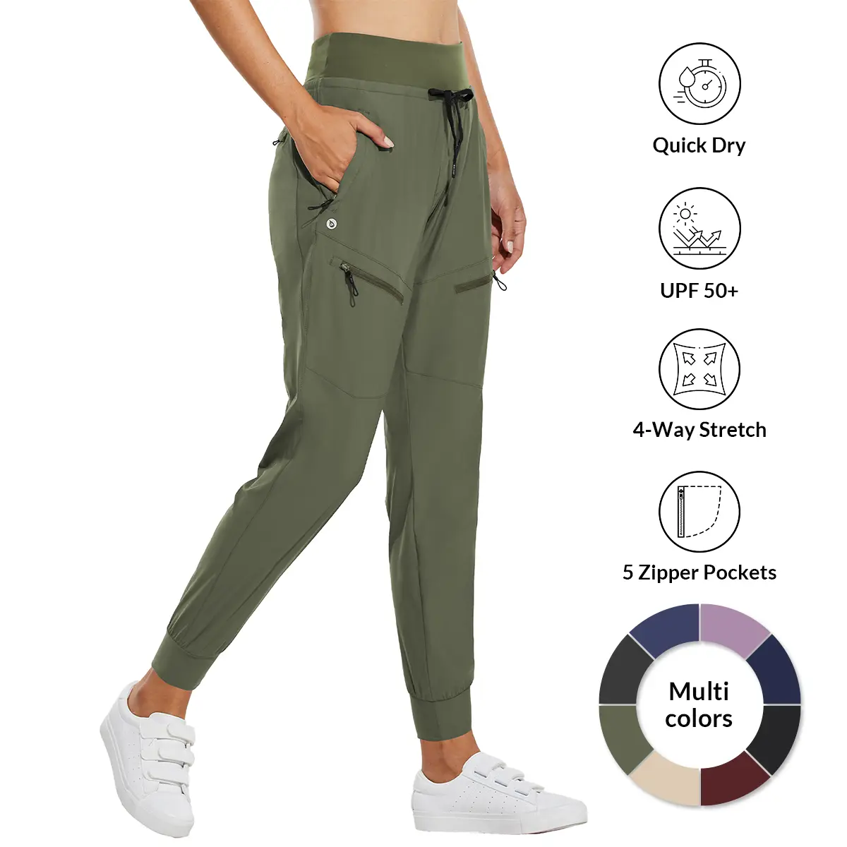 Baleaf Women's Cargo Fit Jogger - 5 Zipper Pockets, UPF 50+, Lightweight Quick Dry, High Rise Active Workout Joggers, High Waist Hiking Travel Pants, Workout Joggers Pants