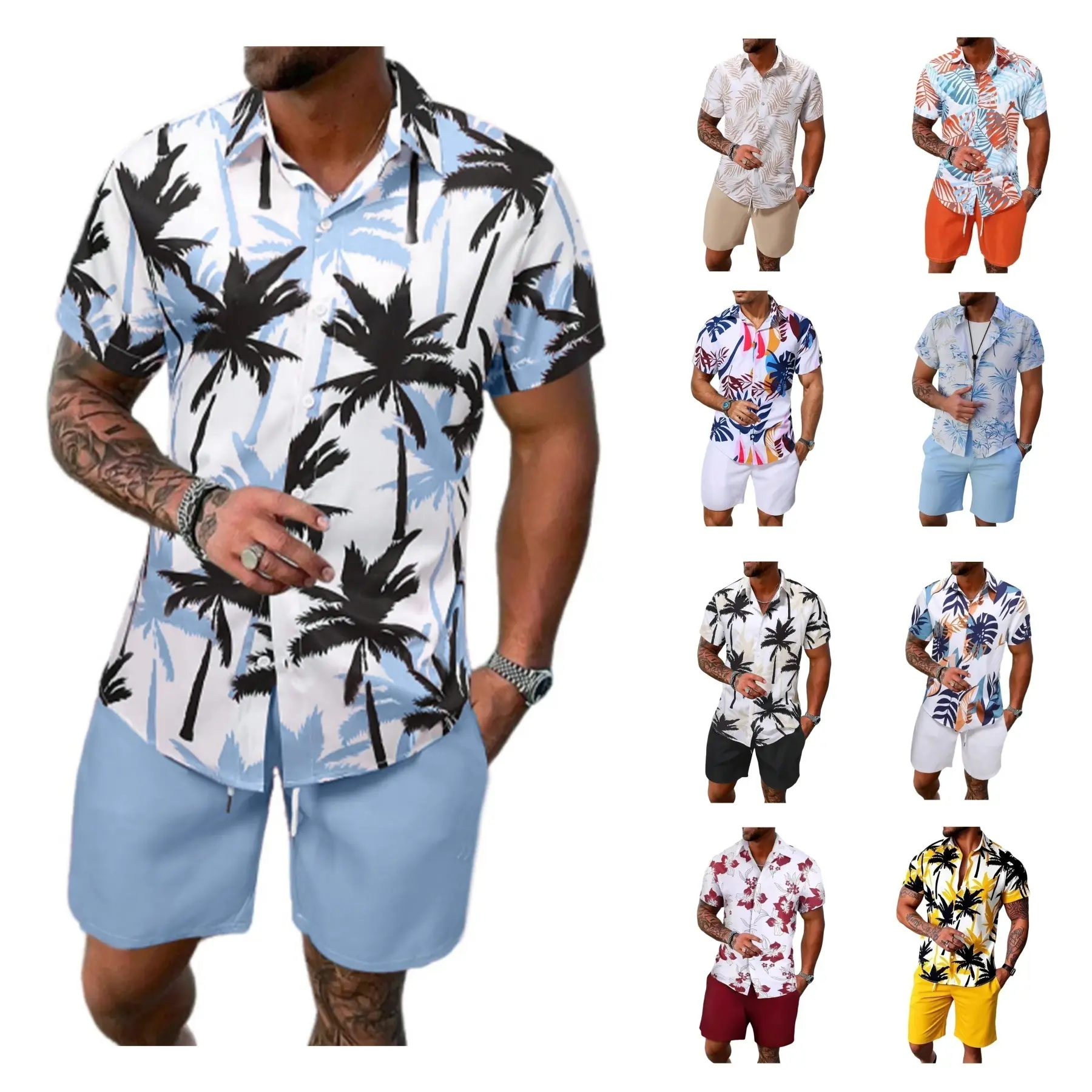 Gihuo【Run Small】Men’s 2-Piece Tropical Print Set – Hawaiian Short Sleeve Button Down Shirt & Shorts, Breathable Summer Beach Outfit, Elastic Waist Casual Tracksuit, Stylish Men’s Vacation Wear | Size Up Recommended Sunglasses