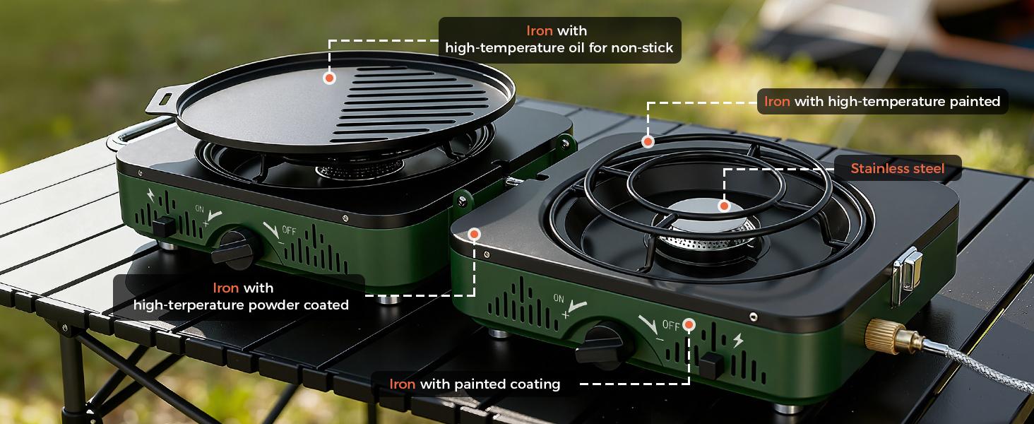 BIG HORN OUTDOORS 2 Burner Propane Camping Stove, Portable Camp Stove, Folding Gas Stove, Includes Frying Pan & Carry Bag for Camping, Emergency Use and Outdoor Cooking