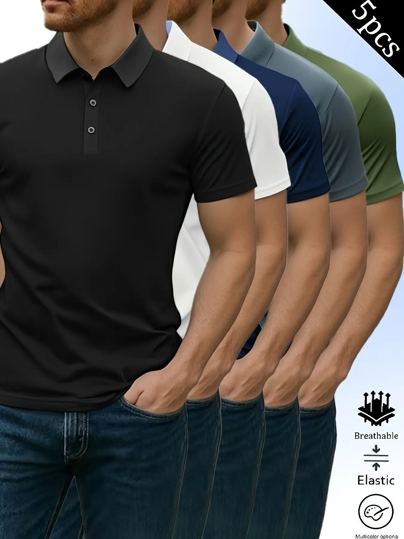 Pack of 5 summer men’s short-sleeve polo shirts with a turn-down collar, casual athletic style; these menswear tops are perfect for business, travel, work, dates, and home wear—an essential for any trip.