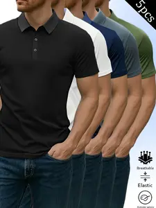 Pack of 5 summer men’s short-sleeve polo shirts with a turn-down collar, casual athletic style; these menswear tops are perfect for business, travel, work, dates, and home wear—an essential for any trip.