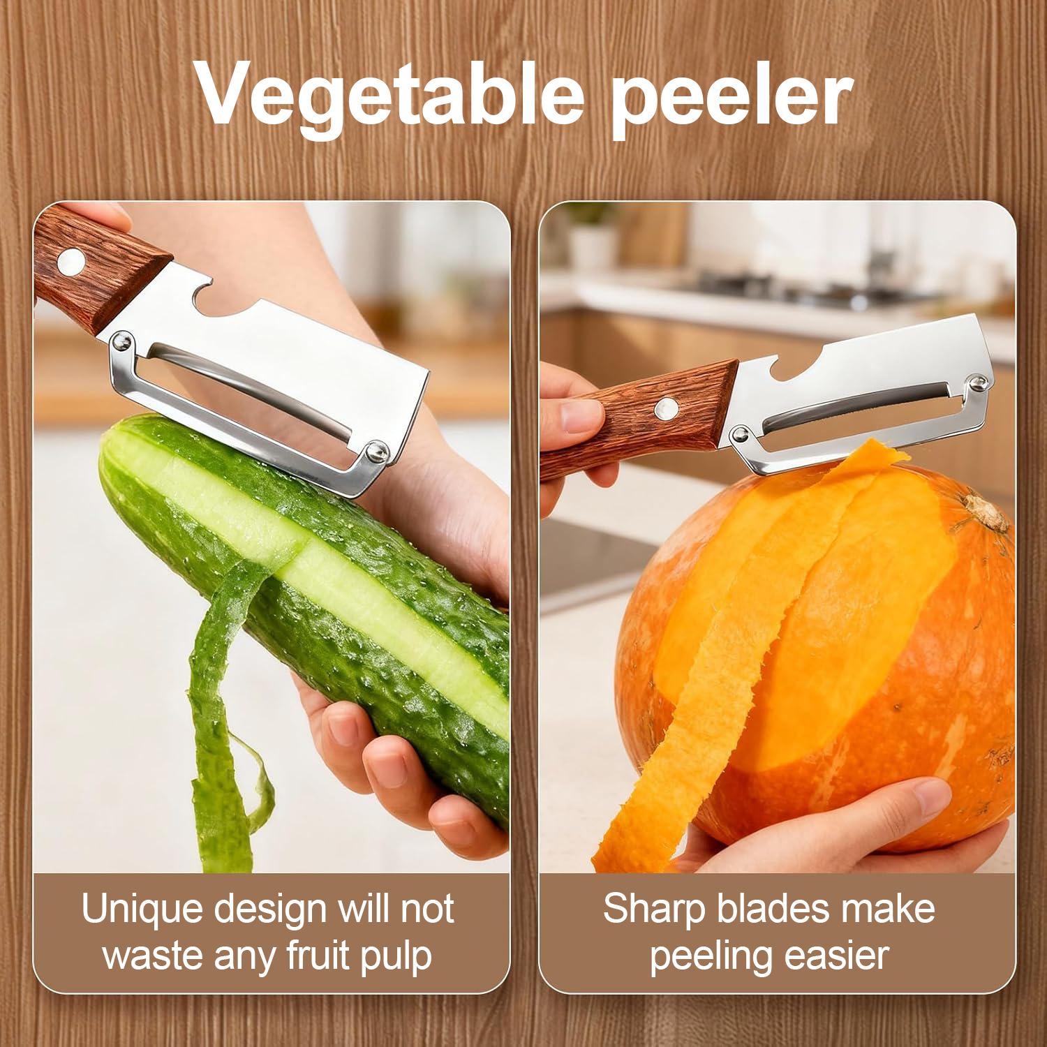 2-in-1 Vegetable & Fruit Peeler with Stainless Steel Blade and Bottle Opener, Ergonomic Wooden Handle, Wooden Handle Kitchen Tool for Potatoes, Apples, Zucchini, Papaya & Pumpkin 2-in-1 Vegetable & Fruit Peeler with Stainless Steel Blade and Bottle Opener, Ergonomic Wooden Handle, Wooden Handle Kitchen Tool for Potatoes, Apples, Zucchini, Papaya & Pumpkin