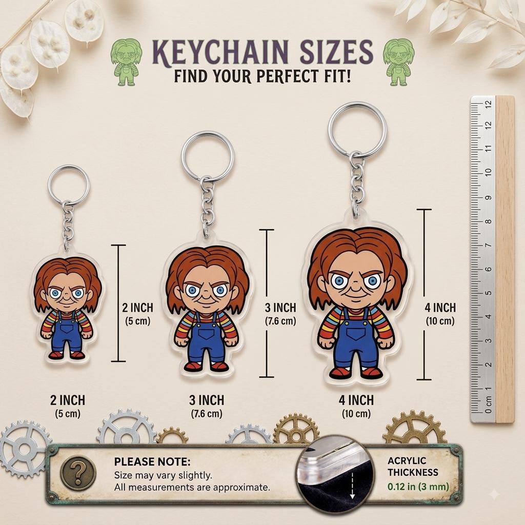 Creepy horror character acrylic keychain set with 3 spooky chibi designs for bags, keys and Halloween gifts
