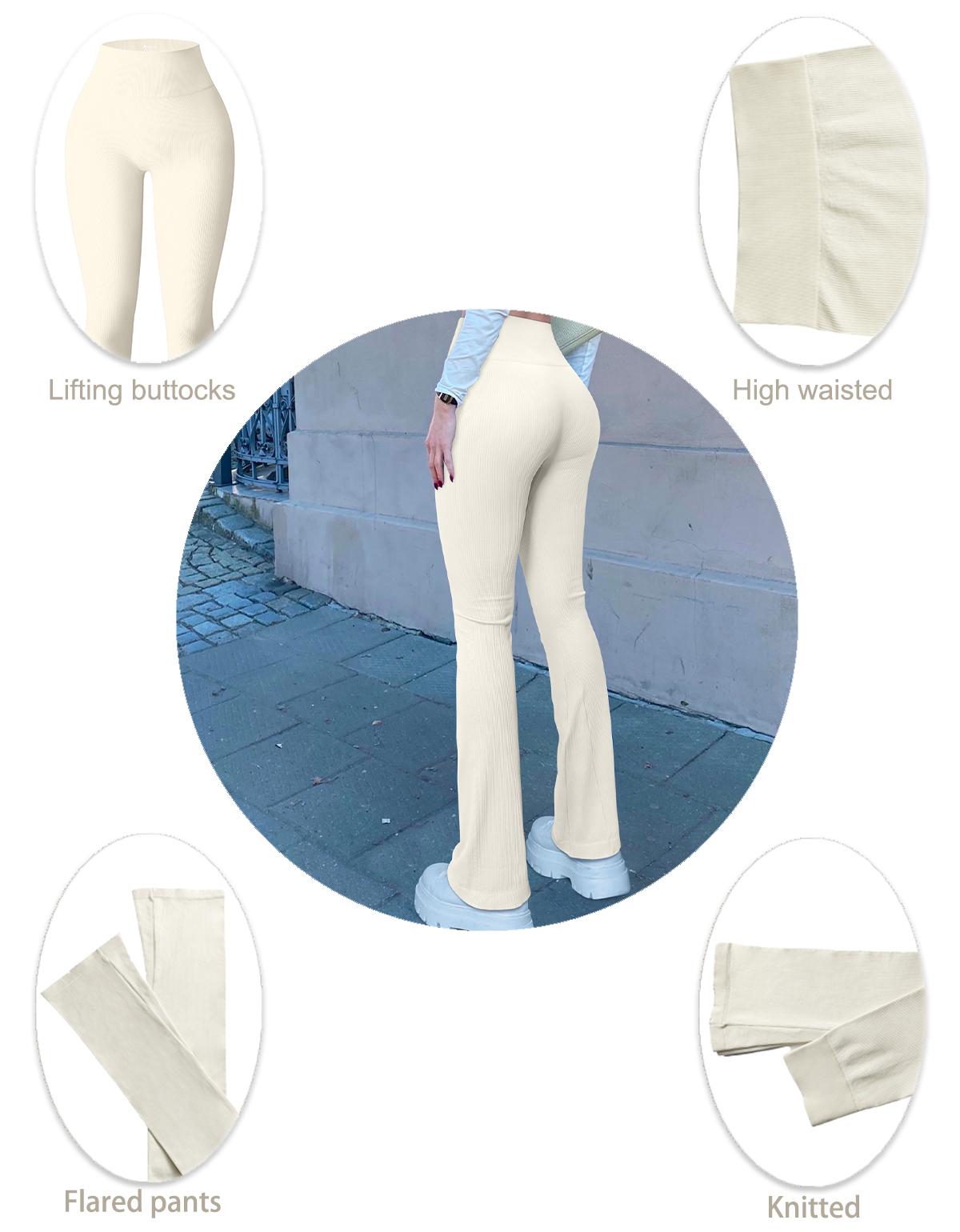 OQQ Women's Yoga Pants Ribbed Seamless Workout High Waist Bell Bottoms Flare Leggings Comfort SpringStatements