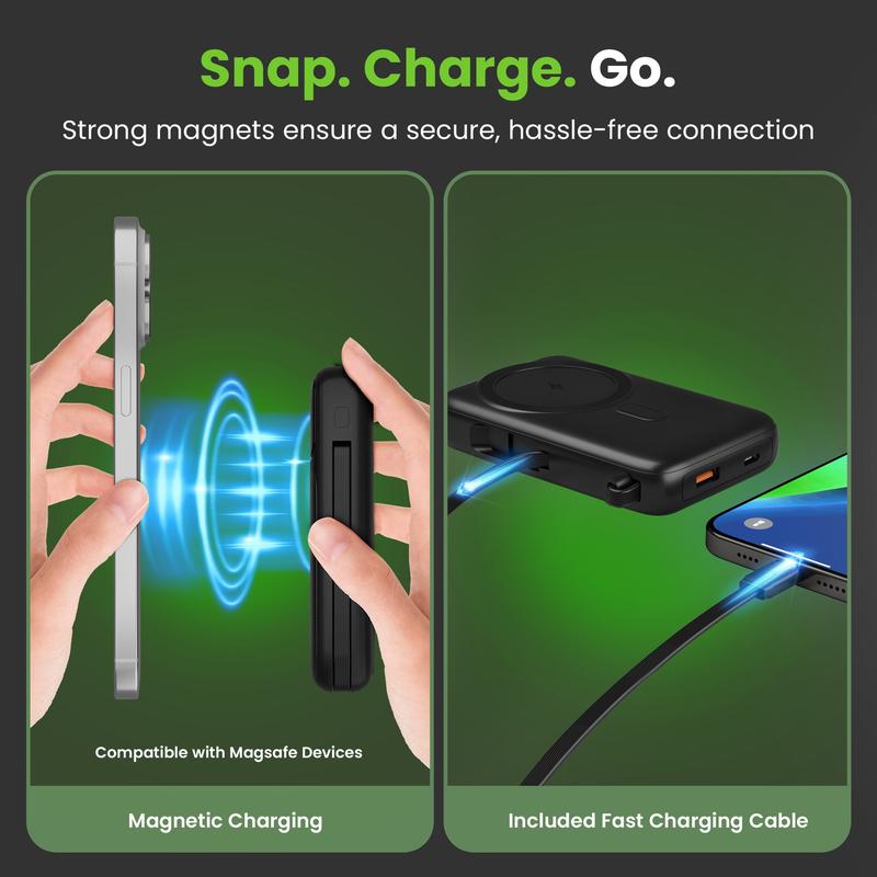 GEARit 5-in-1 10000mAh Power Bank Wireless MagSafe Charging with Built-in Cables & LED Display for Apple iPhone Samsung Galaxy Devices Portable Charger Usb Smartphone