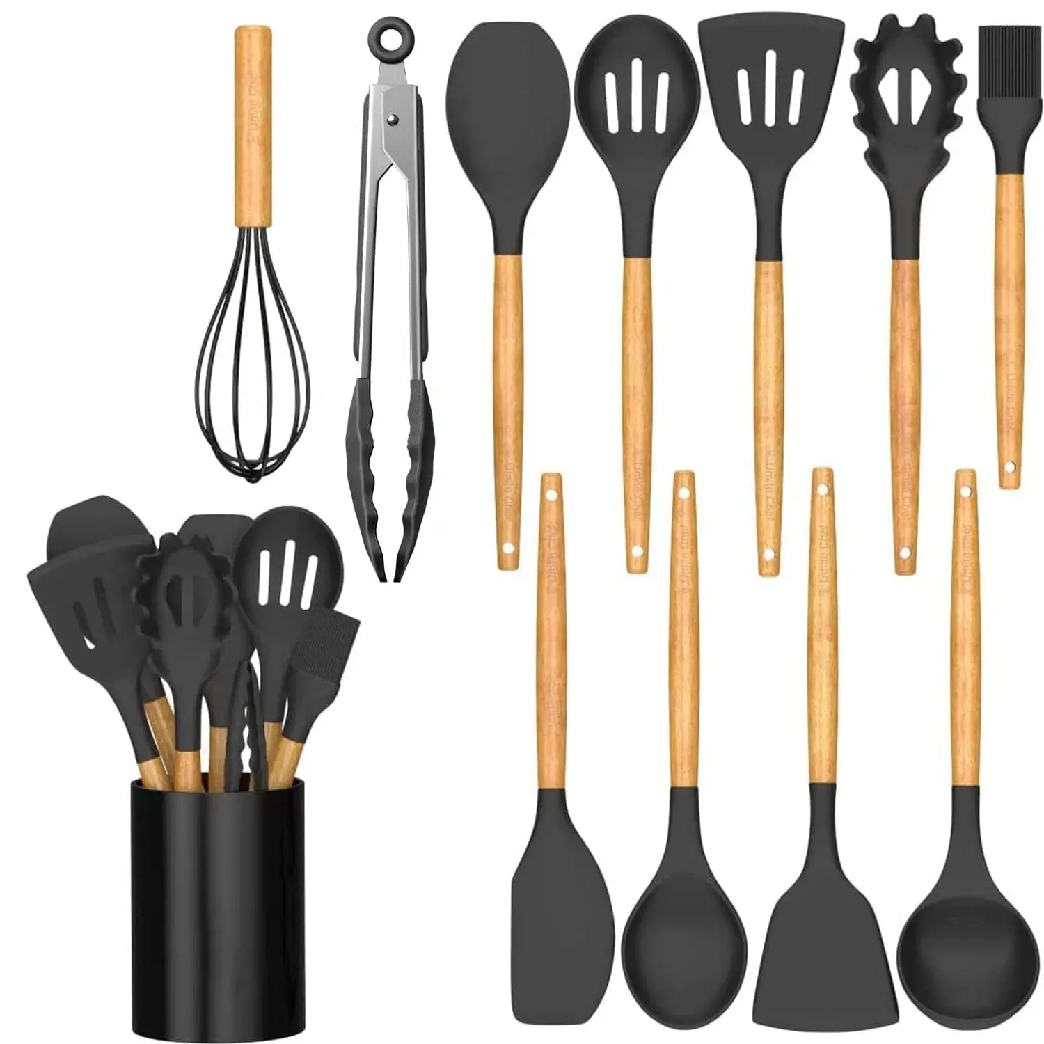 Silicone Cooking Utensils Set Utensil Sets - 446°F Heat Resistant Silicone Kitchen Utensils Set Wooden Handles, Silicone Utensils for Cooking w Holder for Non-Stick Cookware BPA FREE