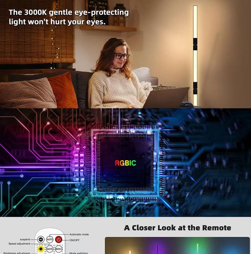 The NEXillumi Smart RGB Floor Lamp supports app and remote control, features a foldable design for DIY customization, a 360° rotating light tube, and music-synchronized timer settings. Suitable for bedrooms, living rooms, home décor, and as a gift.