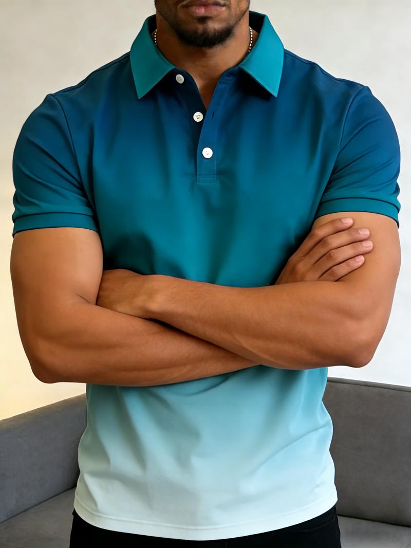 Men's fashion gradient polo shirt, short-sleeve with contrast collar, casual top, comfortable fabric, perfect choice for summer golf, beach, work, and everyday wear