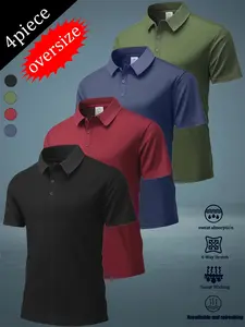 Men’s Plus Size 4-Piece Fashion Turn-Down Collar Shirt Set, Breathable Fabric, Stylish Lapel Buttons, Perfect for Business, Travel, Work, Dates, and Home Wear—A Travel Essential