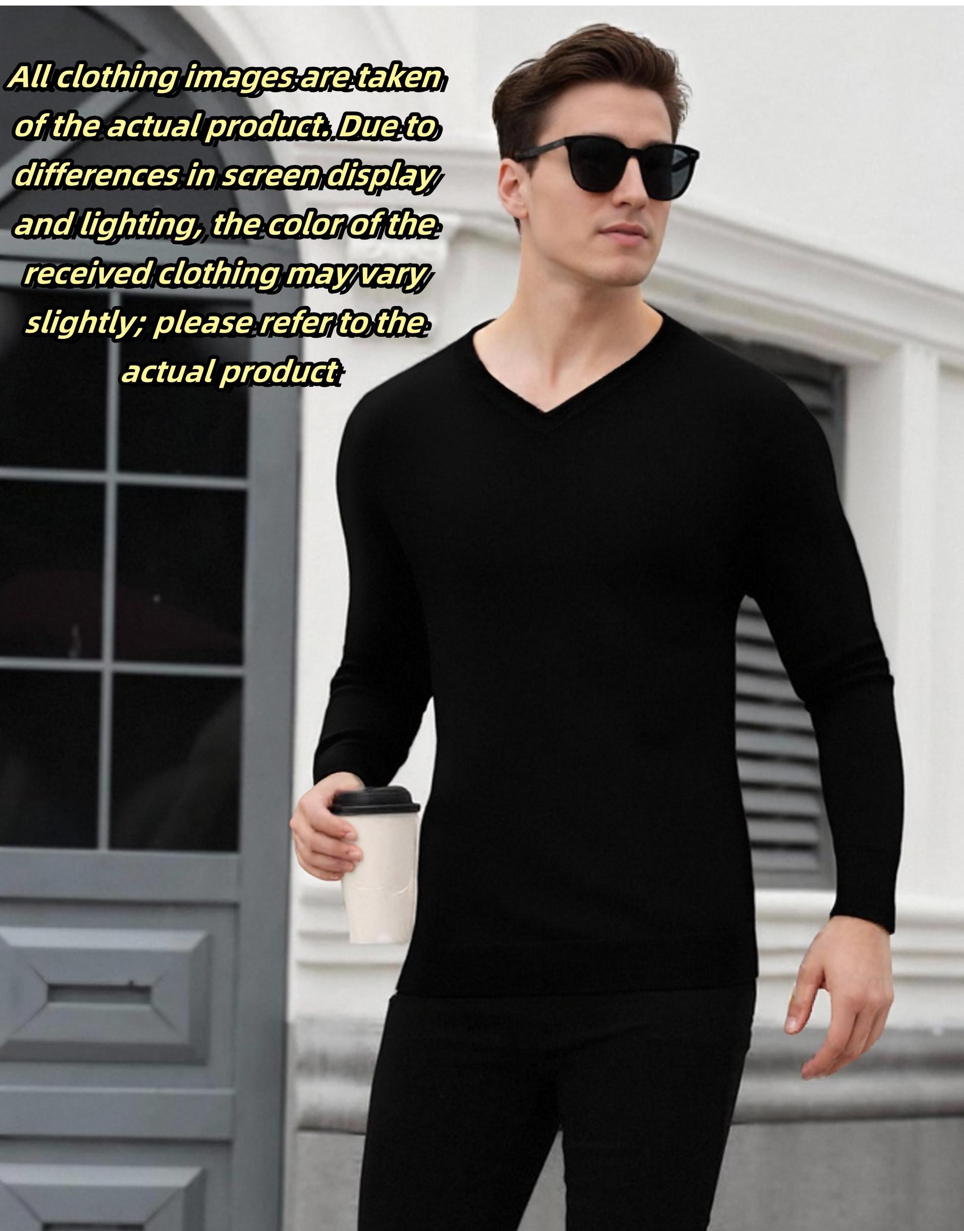 Men's Casual Runs Large V Neck Sweater Ribbed Knit Slim Fit Long Sleeve Pullover Top in Beige Plain Style for Everyday Use
