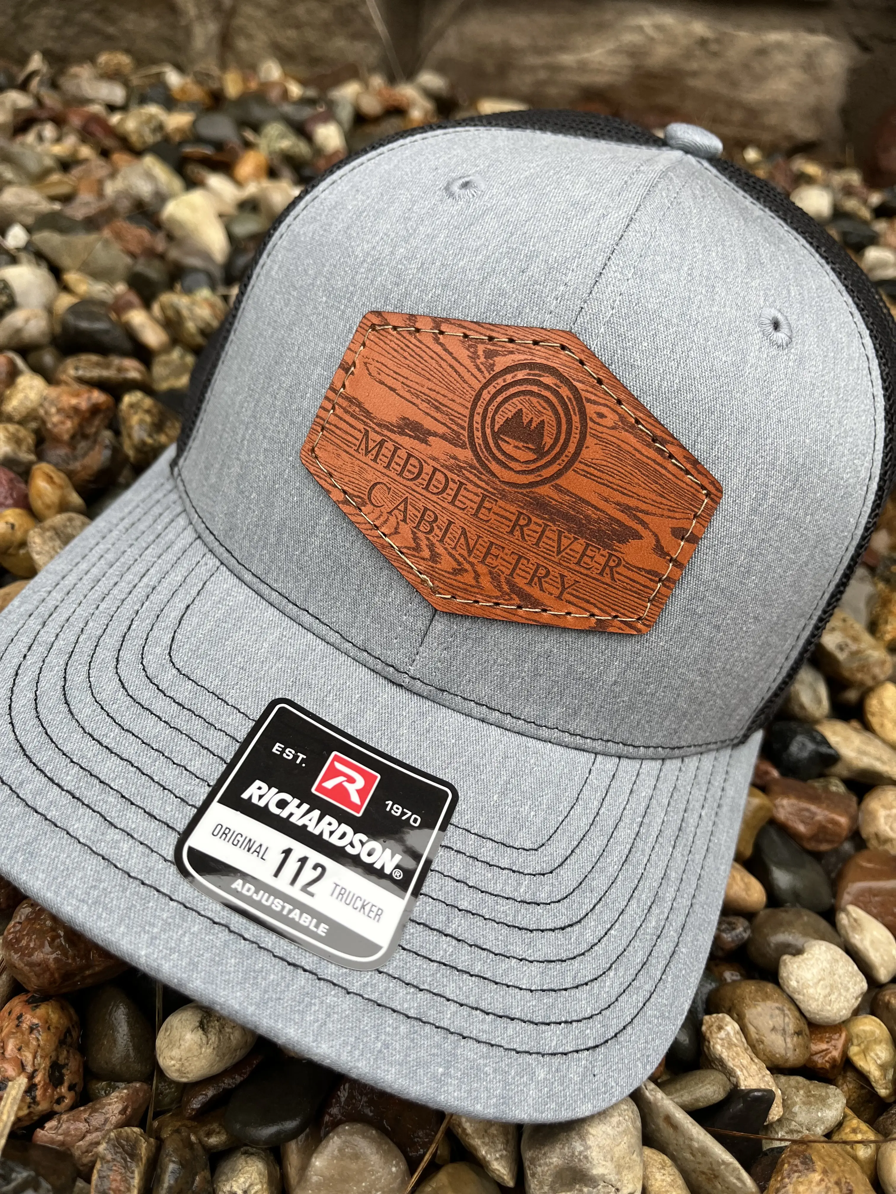Custom Richardson 112 Laser Engraved Leather Patch Hat- Custom Logo with Wood Grain Texture Background Hand Stitched Real Leather