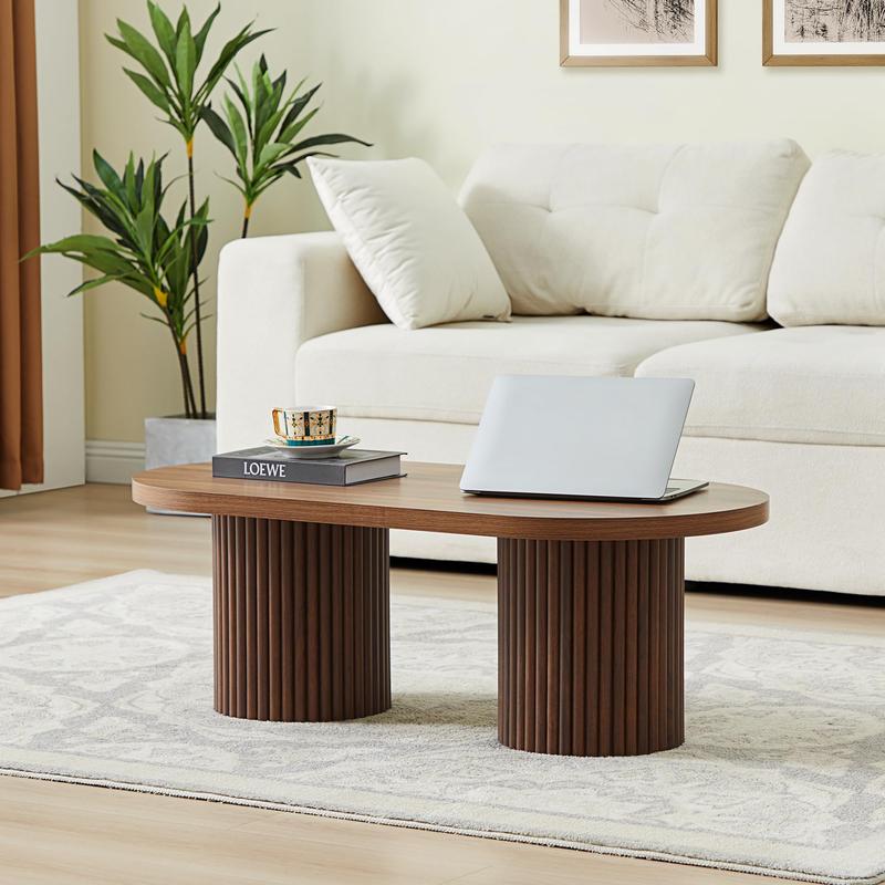 Giratree 39.38" Fluted Oval Coffee Table for Living Room, Boho Modern Coffee Table with Fluted Legs, Curved Round Wood Center Table for Home, Small Spaces, Office