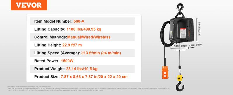 VEVOR Electric Hoist Winch, 1500W Portable Power Winch Crane, Various specifications, Wired and Wireless Remote Control, Overload Protection