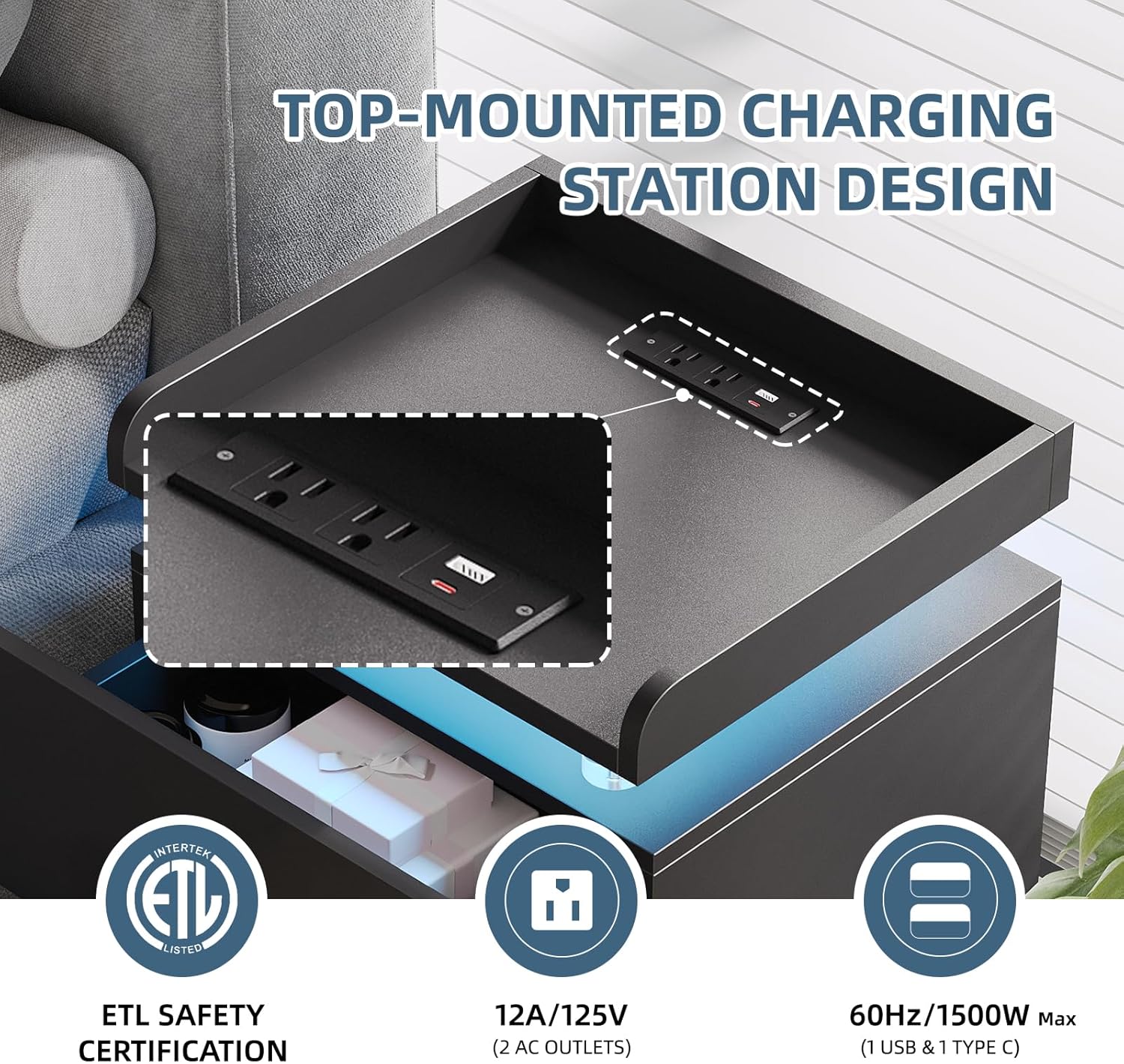 Oneinmil Nightstand Set of 2 with LED Lights Adjustable Lighting 2 Storage Drawers Modern Design Bedside Table for Bedroom 15IN Coffee Nursery