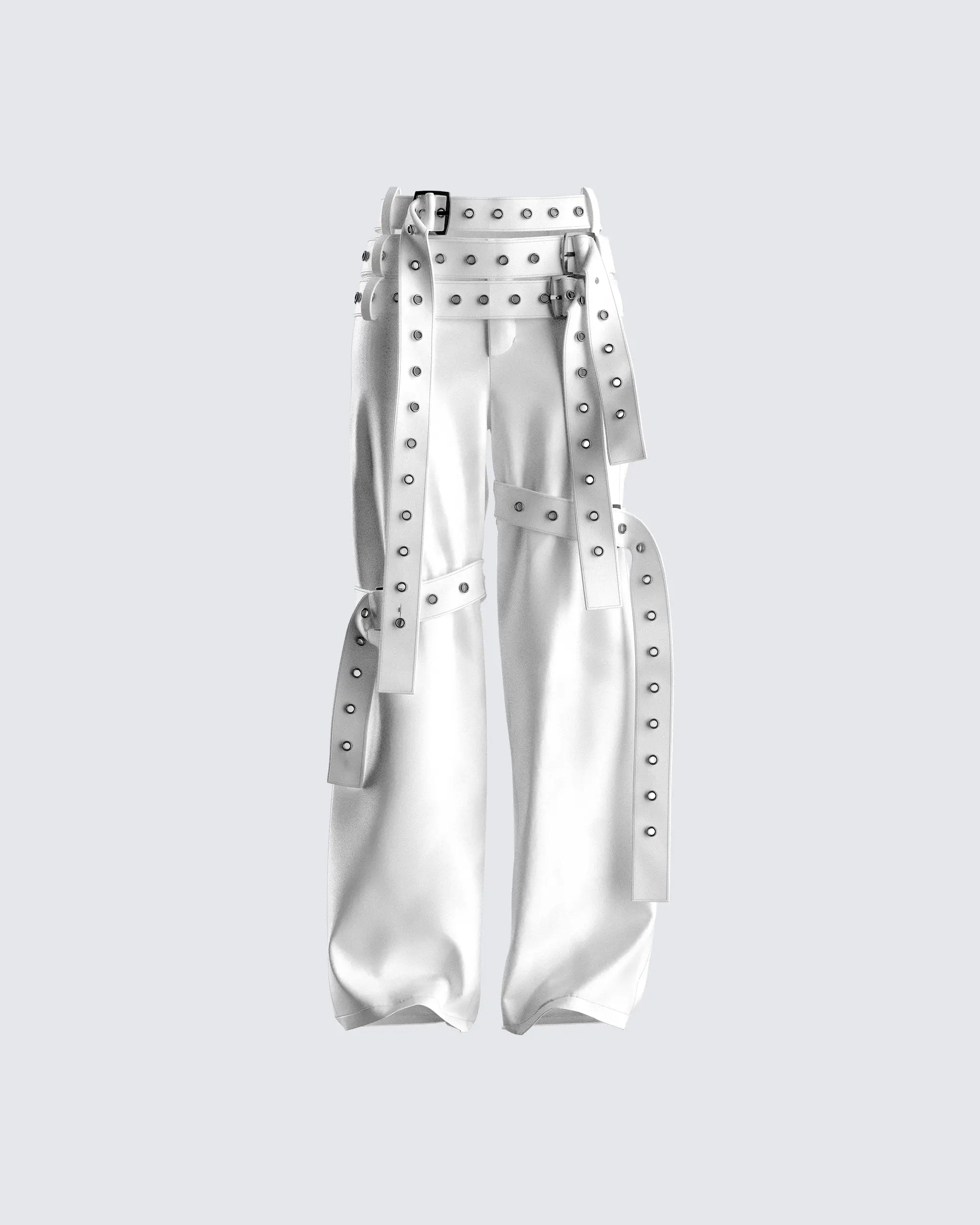 Women's Light White Faux Leather Buckle Belt Straight-Leg Pants - Nylon-Rayon Blend Everyday Bottoms, Vegan Faux Leather