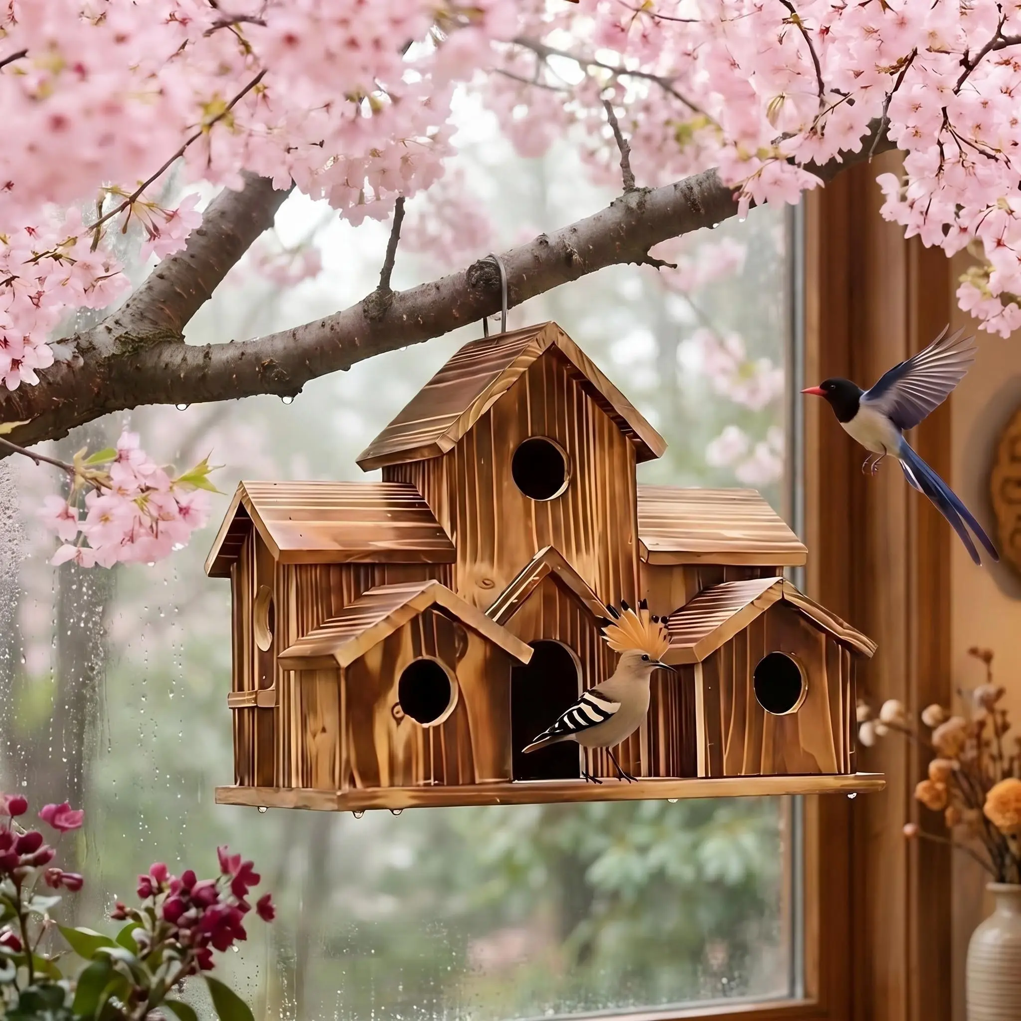 Hanging Birdhouse for Outside - Wooden 6-Room Multi-Chamber Outdoor Garden Nesting Box, Country Cottage Style, Water-Resistant for Bluebirds/Swallows, Pet Supplies Bird Cages & Houses for Backyard Birders, Small Wild Birds
