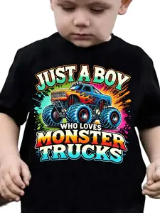 JUST A BOY WHO LOVES MONSTER TRUCKS - TX31220 Boy Truck Print T-shirt - Casual Round Neck