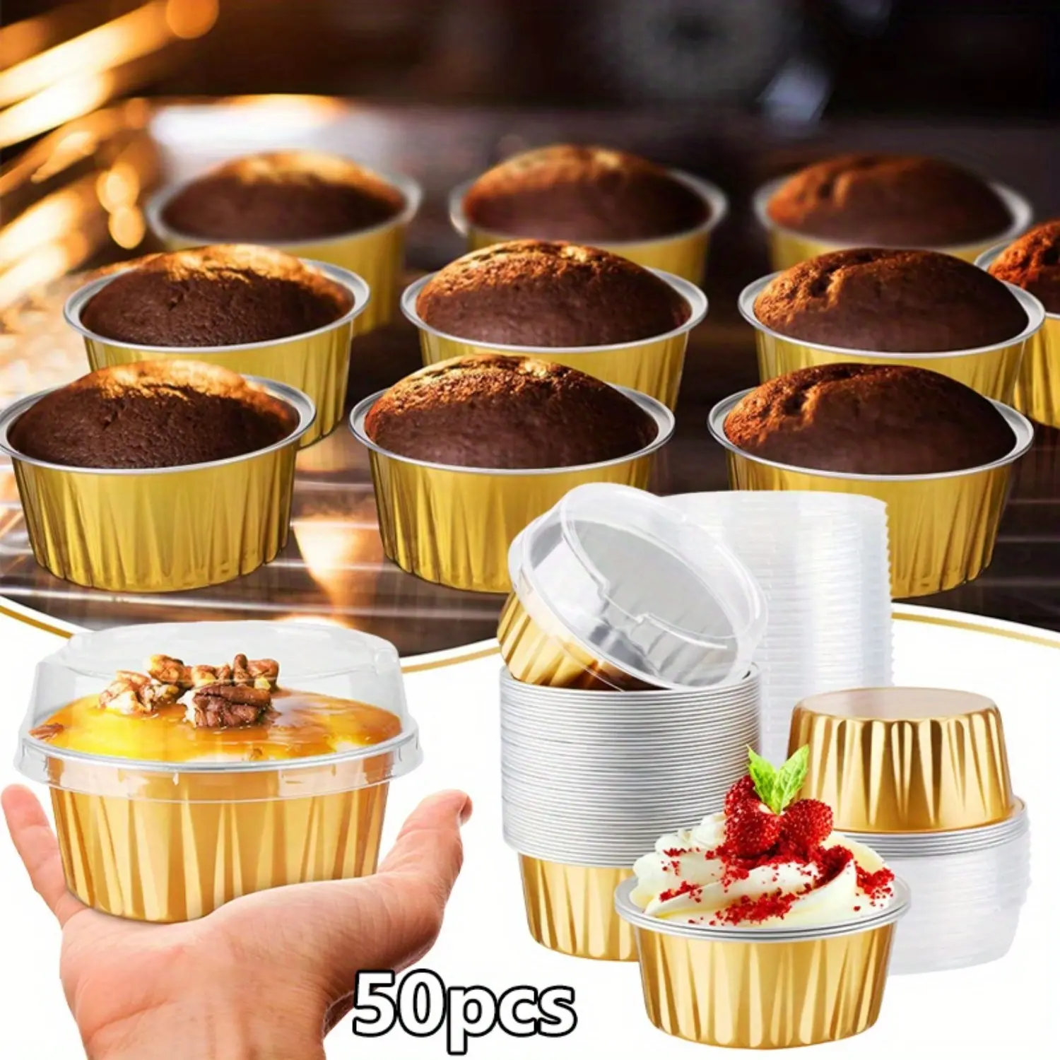 50 Pcs Sturdy Disposable Gold 5oz Mini Aluminium Foil Bakeware Ramekins with Lids, Oven-Safe Waterproof Dish for Creme Brulee, Cupcake Liners, Dessert Cheesecake Pans, Flan Molds, Party Favors