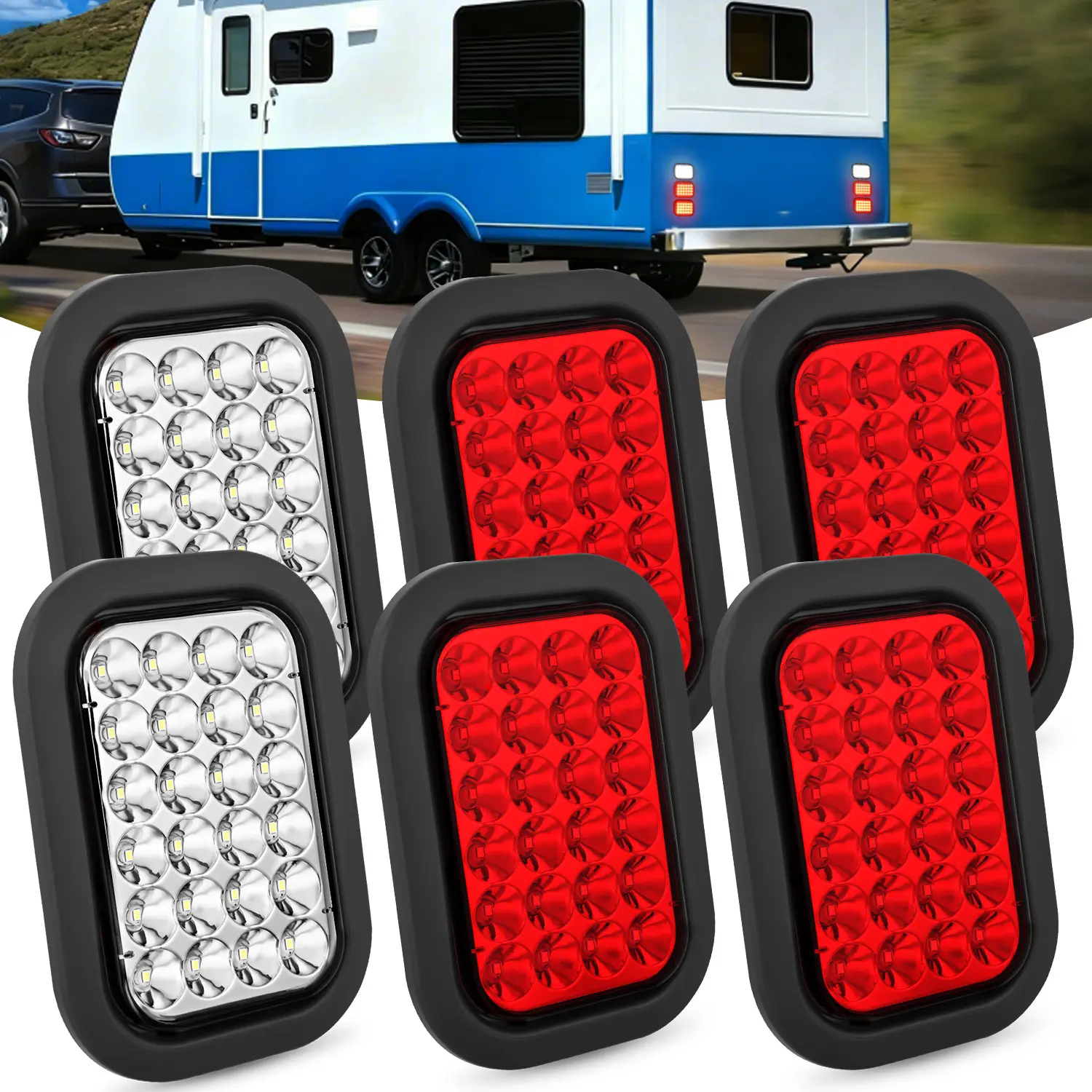 Nilight 4-Pack 5"x3" Rectangular LED Trailer Tail Lights - 24LED 12V Red Brake/Lights, White Reverse, Turn Signal, 5.47"x3.58"x2.26", Easy Flush Mount Grommet Plug, 2 Levels, IP67 Sealed Water Resistant, 12V, Bright Luminous for Trucks, Boats