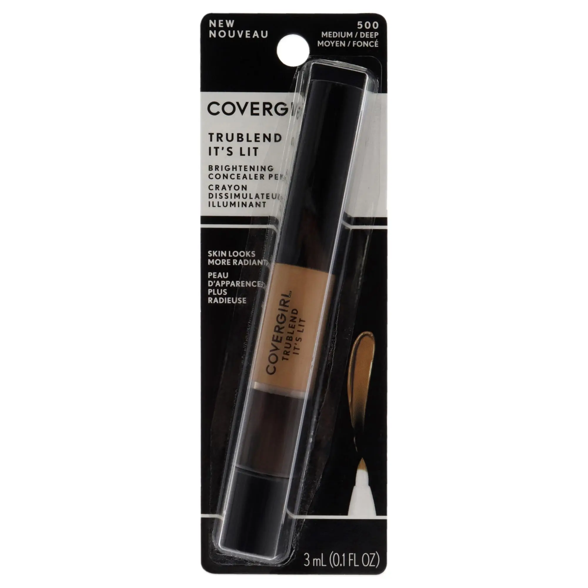 CoverGirl TruBlend Its Lit Brightening Concealer Pen - Women's Cosmetic Makeup, 500 Medium-Deep Shade, 0.1 fl oz, Ideal for Apply Under Eyes