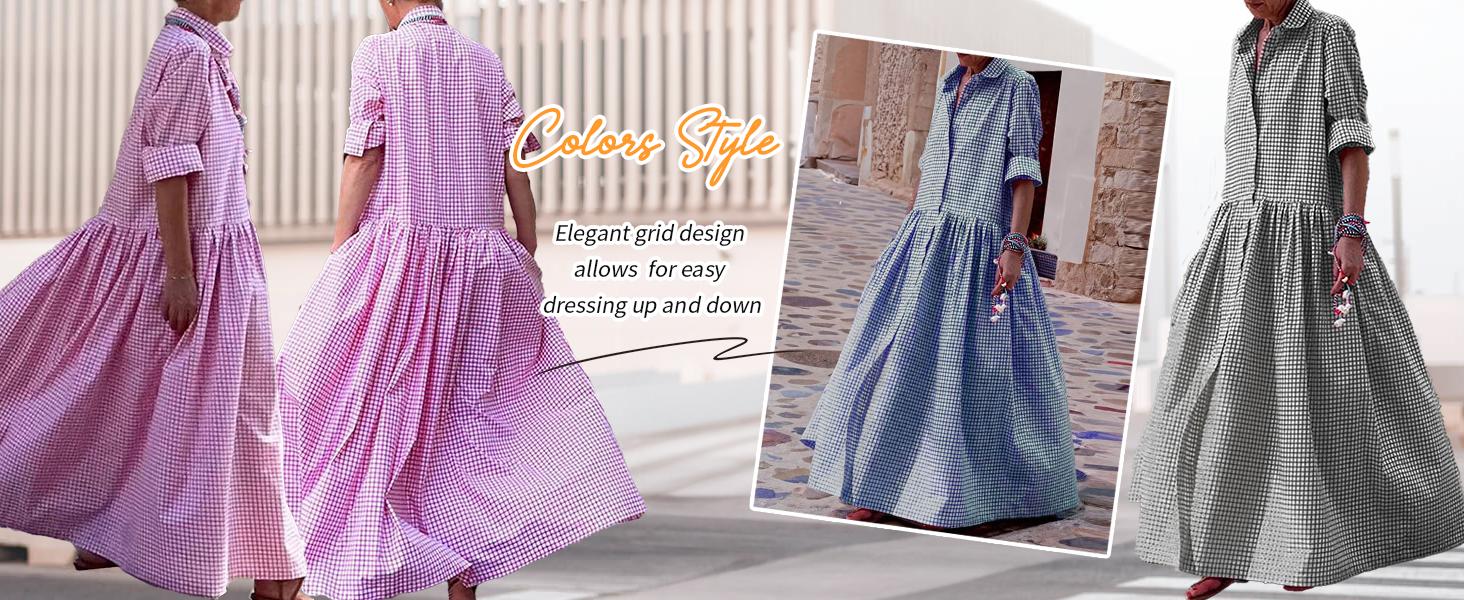 Chouyatou Women's Vintage Plaid Shirt Dress Loose Long-Sleeved Checkered A-Line Maxi Dress
