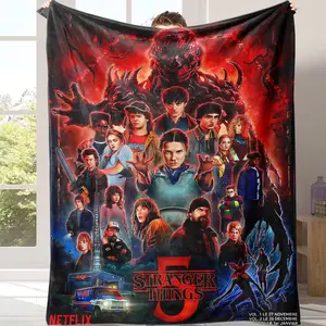 Countdown Sale! Stranger Things 5 Full Cast & Creature Flannel Blanket， throw blanket， Soft Cozy Gift Throw Featuring Iconic Characters & Menacing Villain Ideal for Fans Living Space