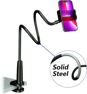 Cell Phone Clip Bed Stand Holder, with Grip Flexible Long Arm Gooseneck Bracket Mount Clamp for Desk, Compatible with iPhone 17/16 Pro Max, 15, 14 or Other 3.5-7" Devices