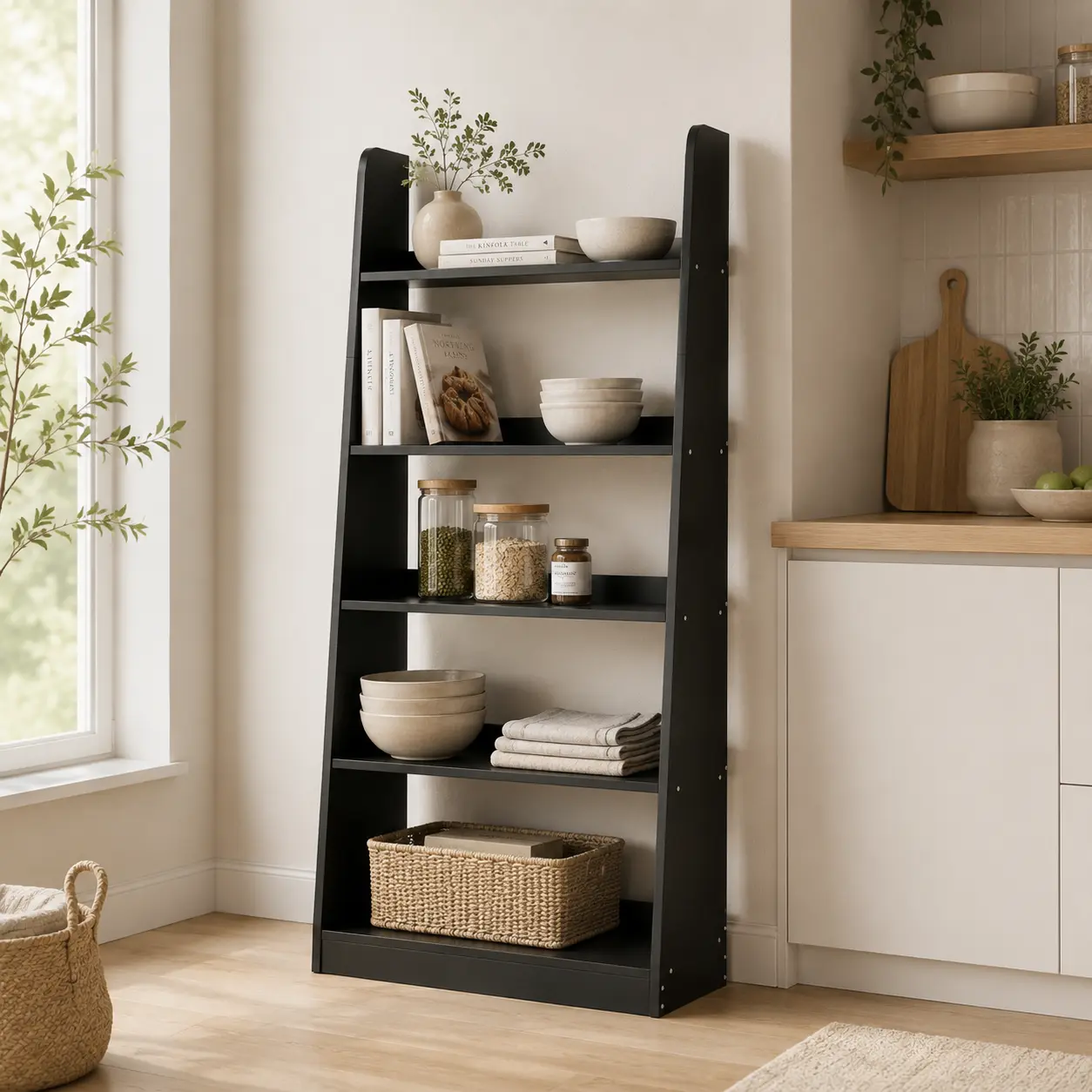 Naviconvex 5-Tier Black Minimalist Compact Ladder Shelf - Freestanding Modern Open Bookcase, Decorative Home Supplies Storage Organizer for Books, Plants, Collectibles in Living Room, Home Office, Plant Stand