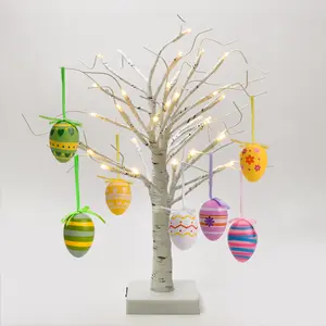 Easter Decorations, 2FT Easter Egg Tree with 10 pcs Eggs Ornaments, 24 pcs LED Lighted White Birch Tree with Timer Battery Powered, for Home Tabletop Centerpiece Spring Indoor Decorations