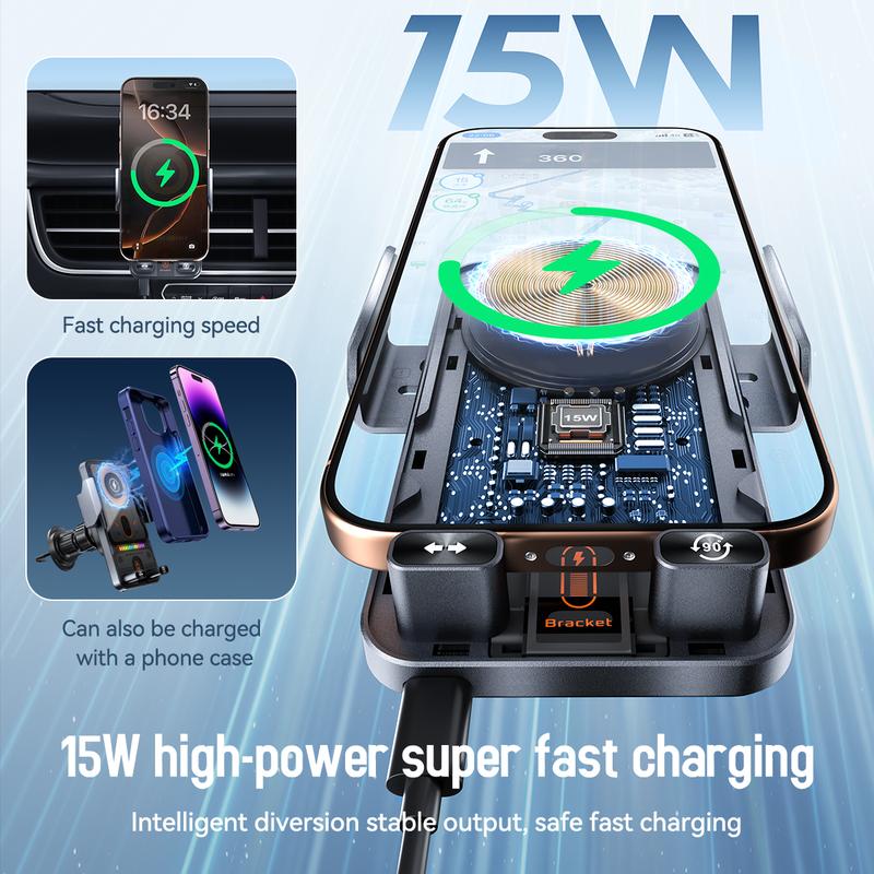 2025 new cool car wireless fast charging holder, intelligent sensor opening and closing, universal mobile phone navigation holder, 90-degree rotation, horizontal and vertical screen use, built-in ambient light, intelligent high-end navigation holder