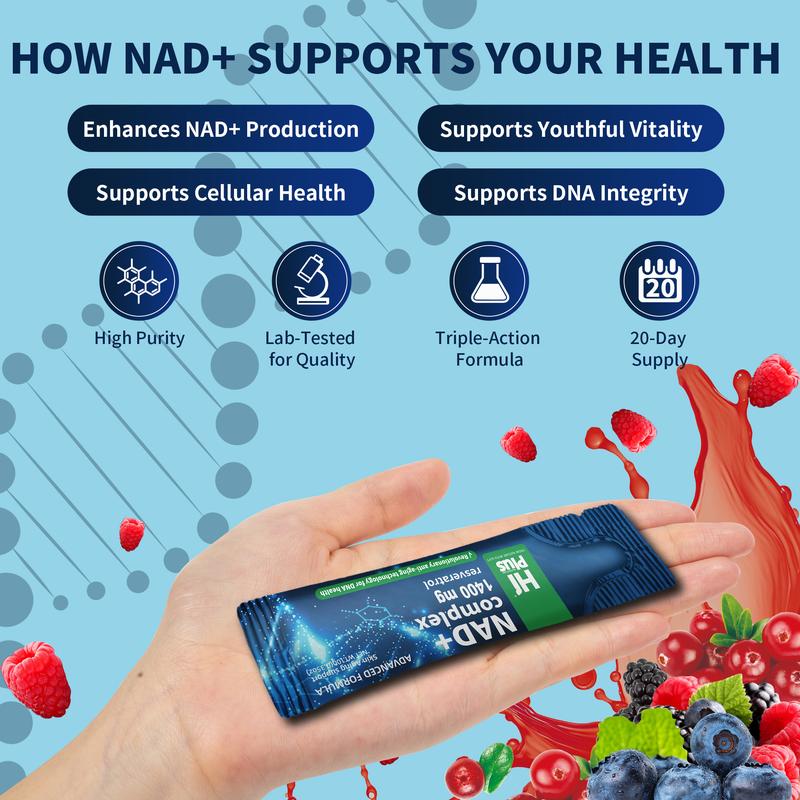 HiPlus NAD Supplement Berry Flavor Drink 1400 mg Urolithin a Extra Strength Liposomal, Green Tea + Astaxanthin for Women & Men, Resveratrol, CoQ10, Alpha Lipoic Acid – Energy Beauty Healthcare Anti-Aging –20 Pockets
