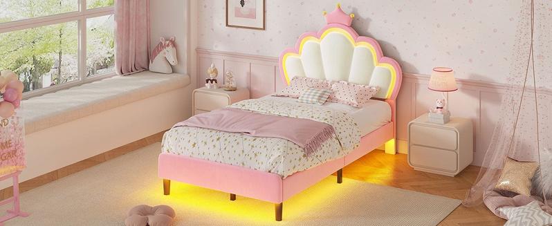 SIKAIC Girls Twin Bed Frame with Princess Crown LED Velvet Upholstered Platform Pink Adjustable Cloud Headboard Bedroom Bedframe