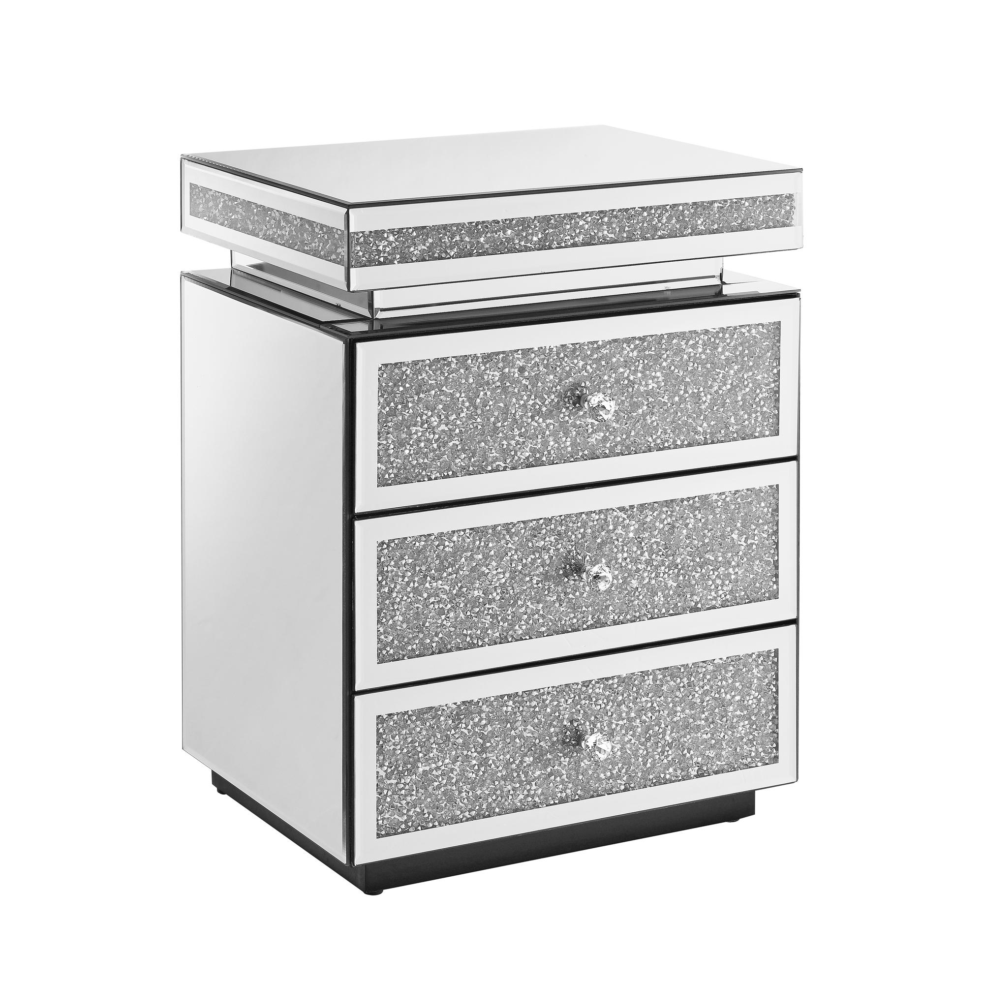 Mirrored Nightstand Modern Bedside Table with 3 Drawers, Silver End Table with Crystal Inlay, Bedside Table, Glass Table for Bedroom, 13.8''W x 17.7" L x 23.6" H