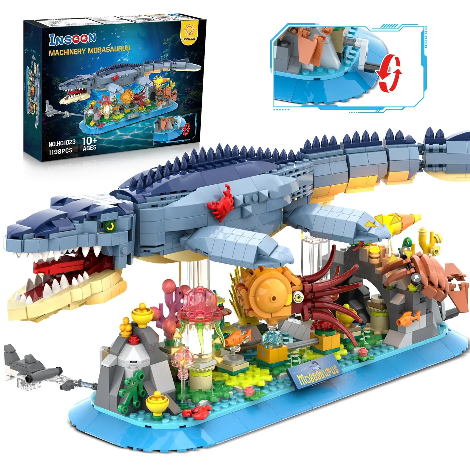 Mosasaurus Building Set with LED Light – 1219 PCS Movable Ocean Animal Blocks with Nautiluses, Jellyfish, Squid & Coral Reef, Ancient Reptile Rocket Model Kit, Bookshelf Elevate & Magnetic Blocks, Home Decor Gift for Teens & Adults 12+