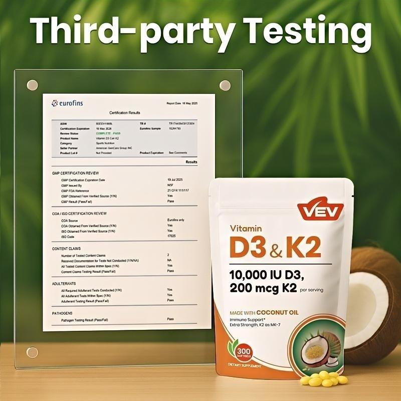 VEV 2-in-1 Vitamin Supplement D3 10000 IU & K2 200 mcg with Virgin Coconut Oil 300 Softgels for Immune Support Extra Strength MK-7 VEV 2-in-1 Vitamin Supplement D3 10000 IU & K2 200 mcg with Virgin Coconut Oil 300 Softgels for Immune Support Extra Strength MK-7