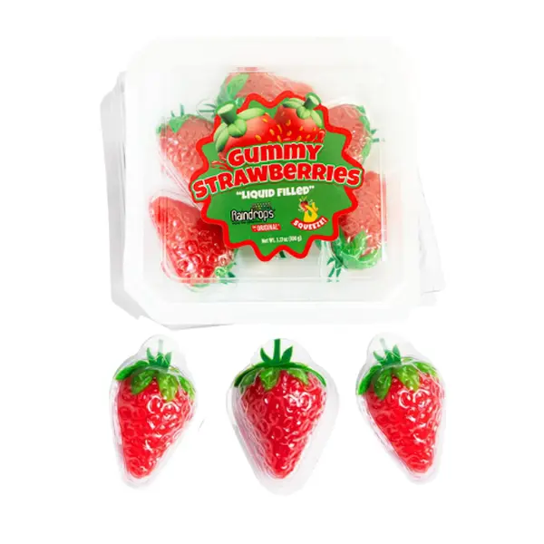 Raindrops Gummy Strawberries Candy - 3.17oz Box, 5 Pieces (Pack of 1) - Centre-Filled Strawberry Gummies - Fun & Unique Individually Wrapped Candy - Ideal Sweet Snacks for Parties, Gifts, & Gatherings