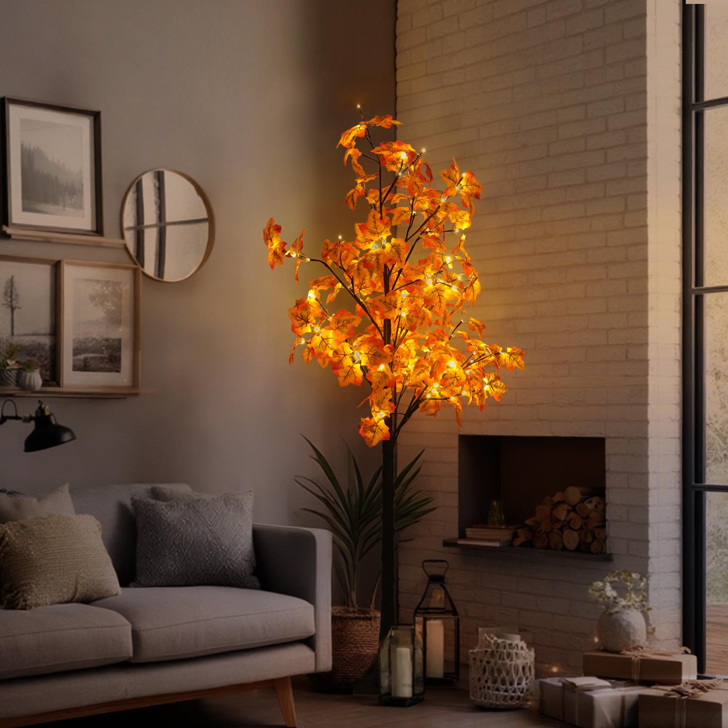 Hoodink 6/7ft Lighted Maple Tree with 96/160 Warm White LED Lights - Indoor Decorative Twig Tree for Home, Bedroom, Christmas Holiday Decor,Lighted Twig Tree, Decorative LED Tree, Warm White Glow, Birch Wood Aesthetic, Plastic Birch Foliage