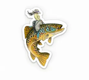 Trout Wrangler Fly Fishing Sticker, Funny Cowgirl Riding Brown Trout Vinyl Decal, Waterproof Outdoor Sticker for Fishers, Anglers, Coolers & Tackle Boxes