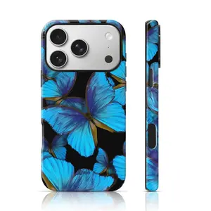 Bright blue butterfly pattern phone case, compatible with iPhone 17 Pro Max, 16, 15, 14, 13, 12 and Samsung 25 Ultra Plus, 24, 23, 22.  Features a dual-layer shockproof design with a TPU inner lining. A perfect gift for girls.