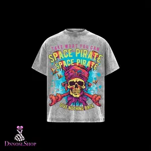 Space Pirate Skull Graphic T-Shirt Vintage Wash Psychedelic Streetwear Unisex