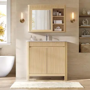 ModernMate 30" Freestanding Bathroom Vanity Set with Mirror Cabinet, Waterproof Solid Wood Legs, Arc-Shaped Integrated Ceramic Sink, Pre-Assembled, Adjustable Storage Shelves, Natural Oak