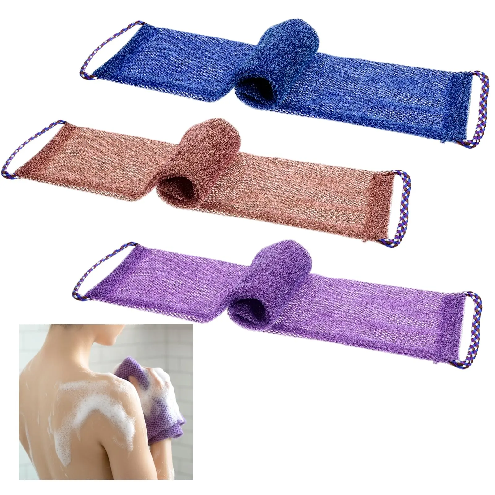 3-Pack Nylon African Net Sponge Bathroom Scrubber - Dual Handle, Dense Net Structure, Deep Cleaning, Fast-Dry, Skin-Friendly, Safe, Back & Body Exfoliation, Skin Smoother, Purple+Blue+Coffee, All-Season Exfoliating Body Care, Easy to Clean