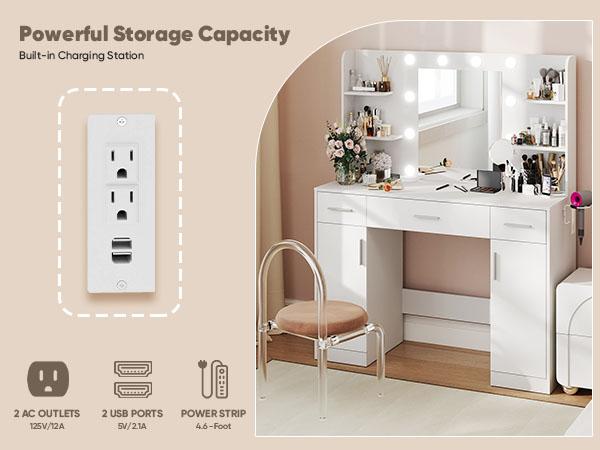 White Vanity Desk with Lighted Mirror & Power Outlet, Makeup Vanity with 3 Drawers, 4 Shelves, Cabinet & Hair Dryer Holder for Bedroom Girls White Vanity Desk with Lighted Mirror & Power Outlet, Makeup Vanity with 3 Drawers, 4 Shelves, Cabinet & Hair Dryer Holder for Bedroom Girls