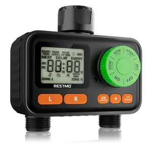 RESTMO 2 Zone Sprinkler Timer, Programmable Water Timer for Garden Hose, Automatic Control | Manual ON/Off | Rain Delay for Outdoor Faucet, Drip Irrigation and Lawn Watering System