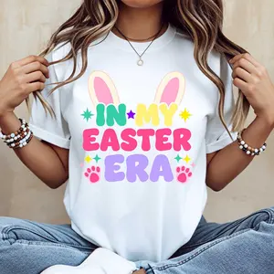 In My Easter Era Bunny Ears And Paw Prints Graphic Tshirt White Casual Loose Fit Tee For Spring And Easter Celebrations
