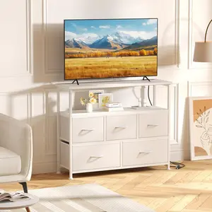 39-Inch TV Stand with Charging Station & 5 Fabric Drawers | Media Console with Open Shelf & USB/Type-C Ports, Compact Entertainment Unit for Living Room, Sturdy Metal Frame