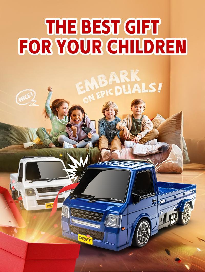 Drift Pickup Truck 1:24 Scale 4WD Remote Control Car with Dual Tire Sets Realistic Design 16-18 km/h Speed 2.4GHz Control 49-66 ft Range Blue/White