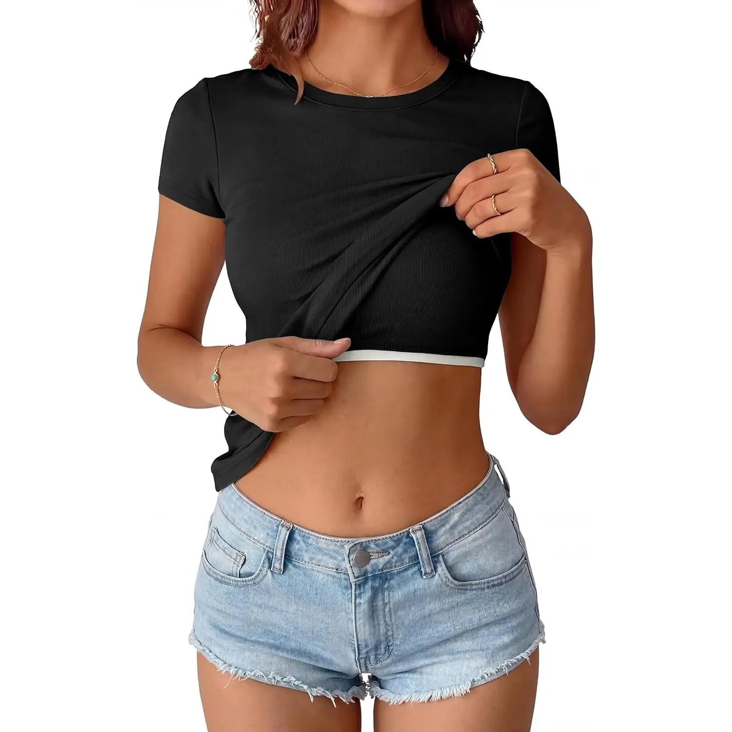 ANRABESS Womens Short Sleeve Tops Built in Bra 2026 Summer Slim Fitted T Shirts Y2K Going Out Basic Tee Vacation Outfit